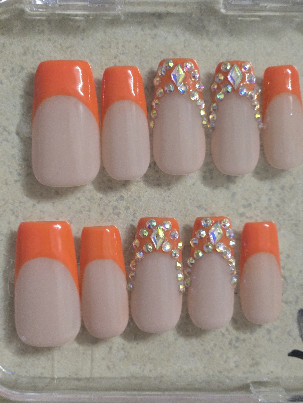 Orange French Tip Press-On Nails w/Crystal Accents, Medium Length Square Shape